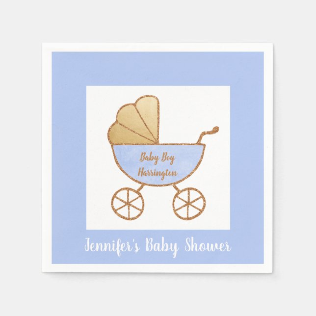 Serviette En Papier Retro Pastel Blue Blanc Carriage bébé garçon douch (Devant)