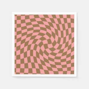 Serviette En Papier Retro Pastel Pink Chèques Brown Warped Checkerboar