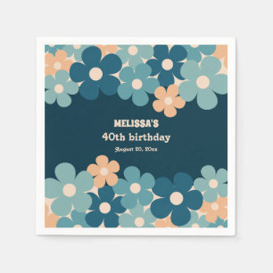 Serviette En Papier Retro Peach Dark Green Boho Flower 40th Birthday