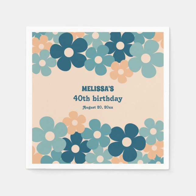 Serviette En Papier Retro Peach Green Boho Flower 40th Birthday (Devant)