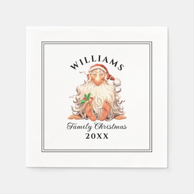 Serviette En Papier Retro Père Noël Famille Noël avec nom et année (Devant)