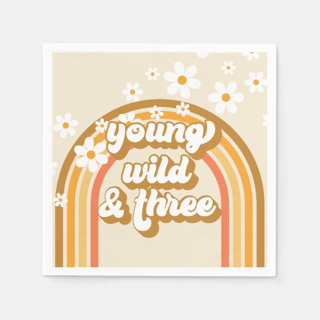 Serviette En Papier Retro Rainbow Young Wild and Three Birday Paper (Devant)