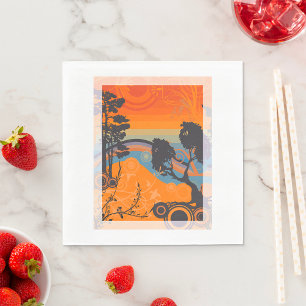 Serviette En Papier Retro Sunset Forest Paysage Abstrait