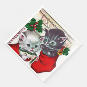 Serviette En Papier Retro Vintage Christmas chats Fête de Noël 