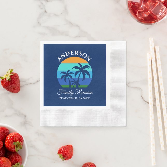 Serviette En Papier Reunion Famille Summer Beach Palm Trees Bleu (En situation)