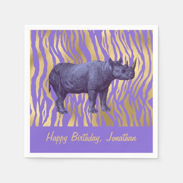 Serviette En Papier Rhinoceros Violet Bonne fête d'anniversaire (Devant)