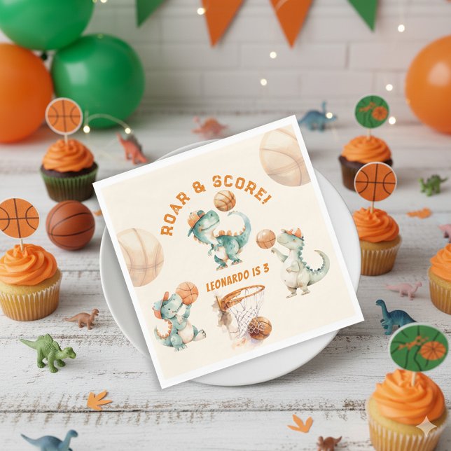 Serviette En Papier Roar & Score Basketball Dino Boy Birthday (Créateur téléchargé)
