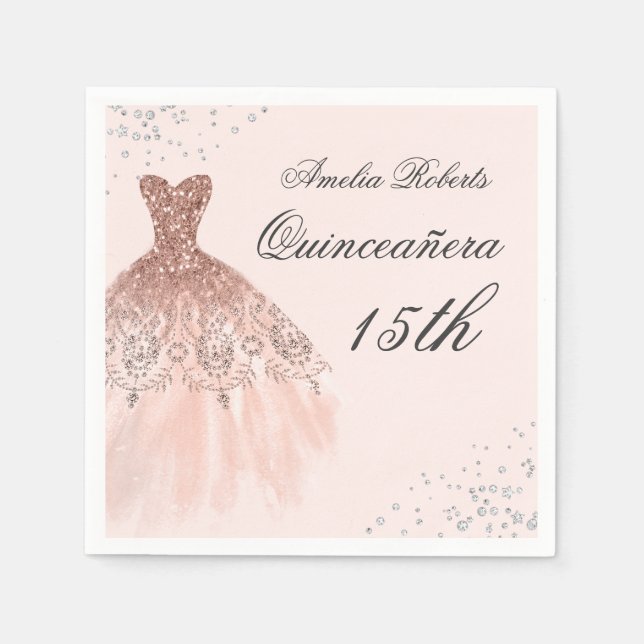 Serviette En Papier Robe étincelante Rose or Quinceanera Napkin (Devant)