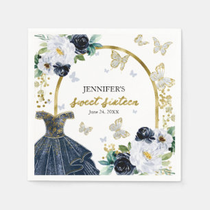 Serviette En Papier Robe Fleurie Bleu Marine "Sweet 16" Papillon