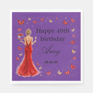 Serviette En Papier Robe rouge élégante pour 40e anniversaire papillon