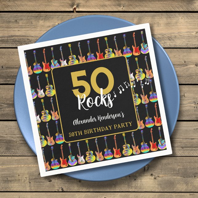 Serviette En Papier Rocher et Rouleau 50e fête d'anniversaire Custom (Rock and roll 50th birthday party custom napkins with black and gold typography )