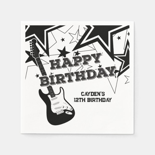 Serviette En Papier Rock Star Birthday Guitar Black White Stars (Devant)