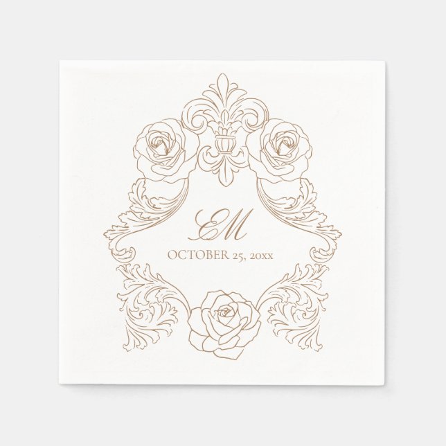 Serviette En Papier Rococo Crest Monogramme Golden Brown Mariage Logo (Devant)
