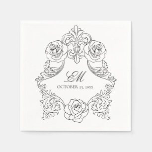 Serviette En Papier Rococo Crest Monogramme noir & blanc Logo Mariage