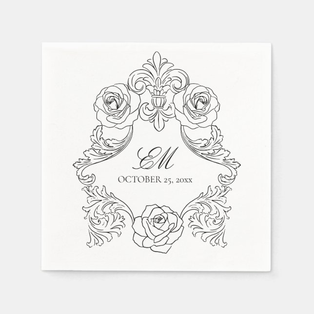Serviette En Papier Rococo Crest Monogramme noir & blanc Logo Mariage (Devant)