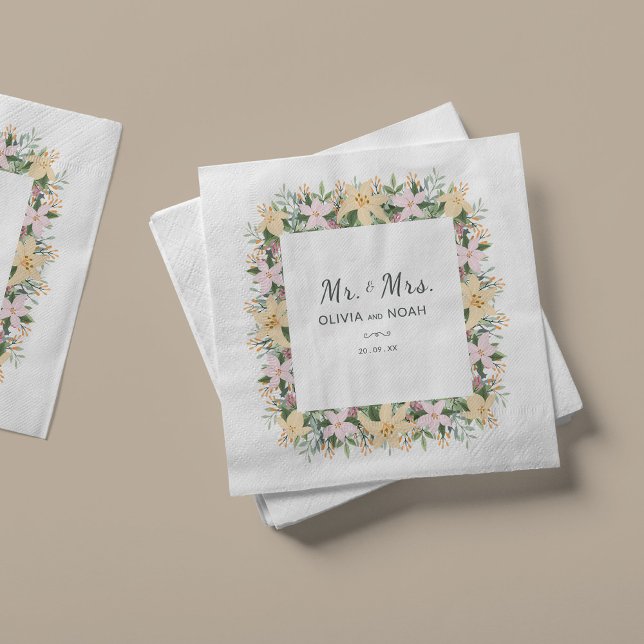 Serviette En Papier Romantic Floral Mr and Mrs Wedding (Créateur téléchargé)