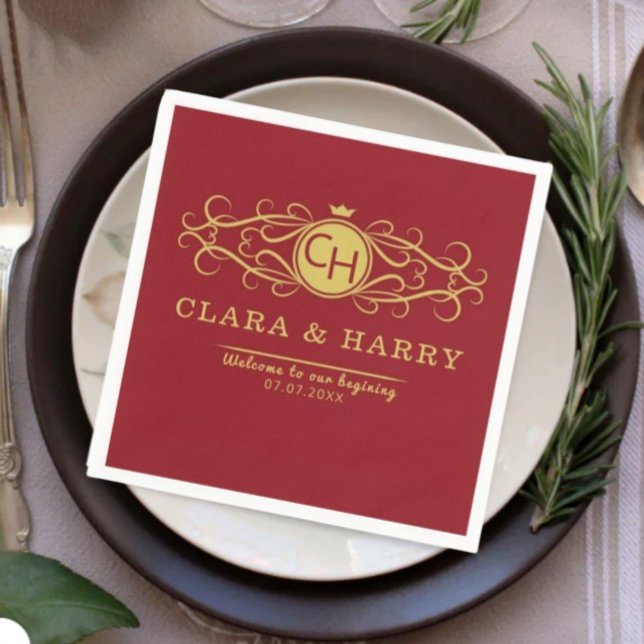 Serviette En Papier Romantic gold red elegant calligraphy wedding  (Créateur téléchargé)