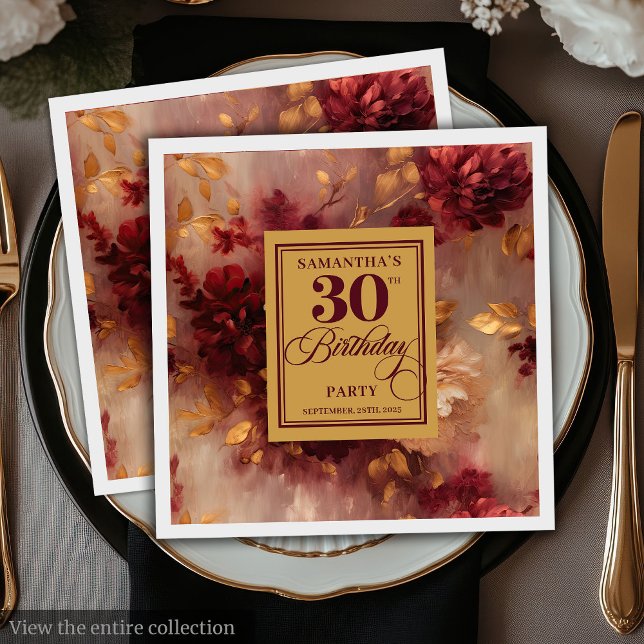 Serviette En Papier Romantique Bourgogne Blush Gold Boho 30e anniversa (Romantic Burgundy Blush Gold Boho 30th Birthday)