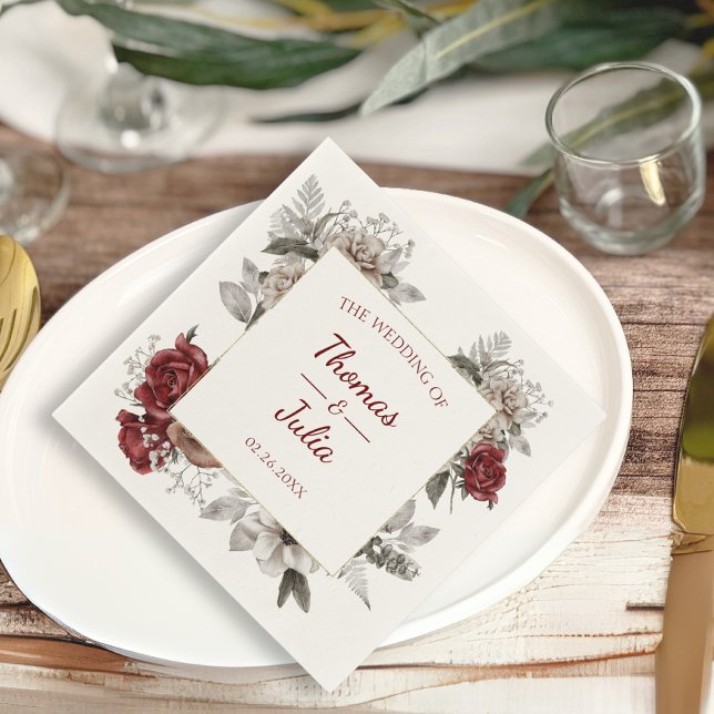 Serviette En Papier Romantique Bourgogne & Mariage Floral Argent (Romantic Burgundy & Silver Floral Wedding Napkins)