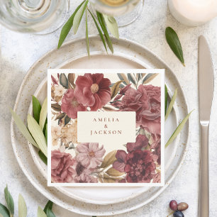 Serviette En Papier Romantique Bourgogne rouge et Mariage en cuivre