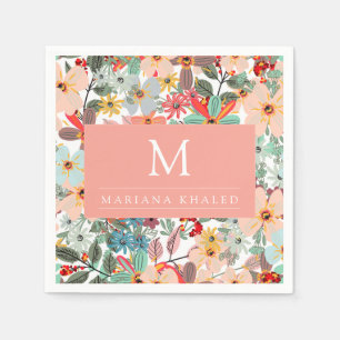 Serviette En Papier Romantique Floral doux rose vert pêche classique