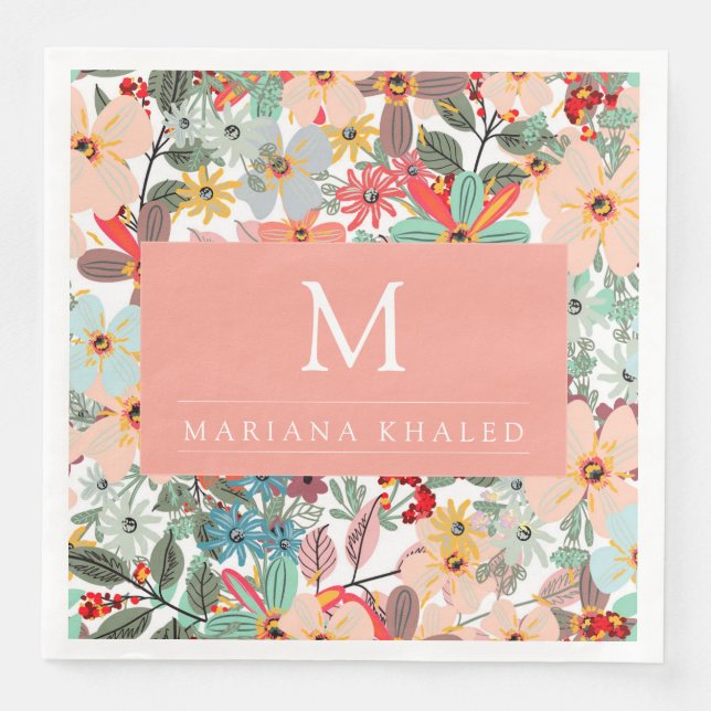 Serviette En Papier Romantique Floral doux rose vert pêche classique (Devant)