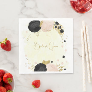 Serviette En Papier Romantique noir & fleurs roses or