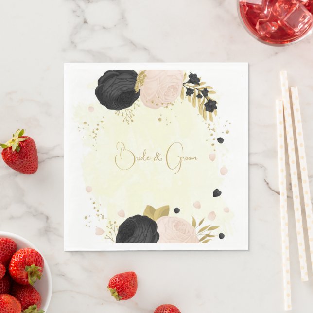 Serviette En Papier Romantique noir & fleurs roses or (En situation)