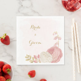 Serviette En Papier Romantique rose & fleurs blanches or