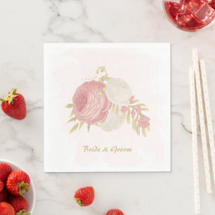 Serviette En Papier Romantique rose & fleurs blanches or