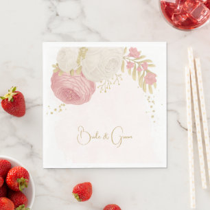 Serviette En Papier Romantique rose & fleurs blanches or