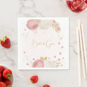 Serviette En Papier Romantique rose & fleurs blanches or