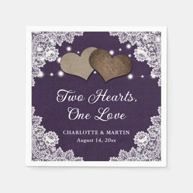 Serviette En Papier Romantique Rustique Burlap et dentelle violet Mari (Devant)