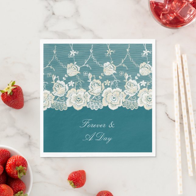 Serviette En Papier Romantique Turquoise bleu blanc dentelle Mariage f (En situation)