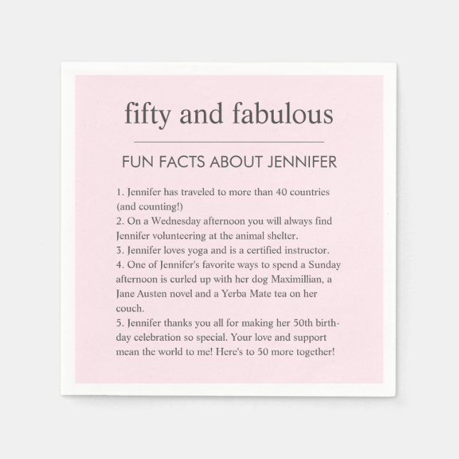 Serviette En Papier Rose 50 et fabuleux Anniversaire Fun Facts (Devant)