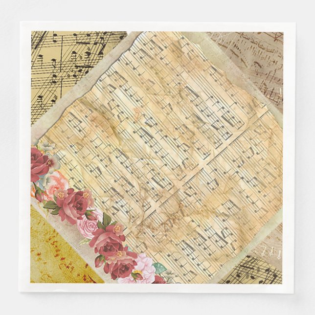 Serviette en papier Rose Antique et Notes de Musiq (Devant)