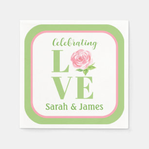 Serviette En Papier Rose aquarelle LOVE NOM Mariage Vert Rose