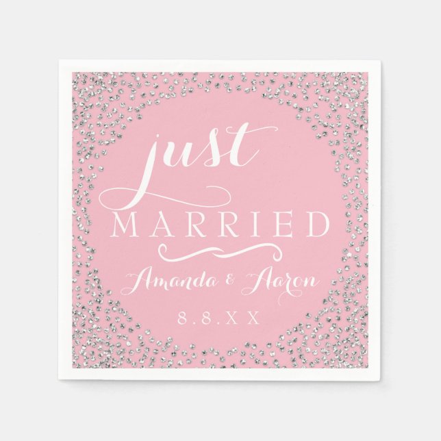 Serviette En Papier Rose Blanc Argent Confettis Mariage Nouvellement M (Devant)