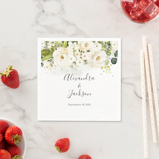 Serviette En Papier Rose blanche et Mariage or Napkin (En situation)