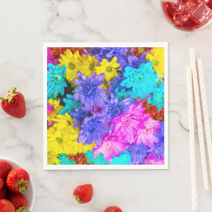 Serviette En Papier Rose, Bleu, Acqua, Belle Fleurs Jaunes
