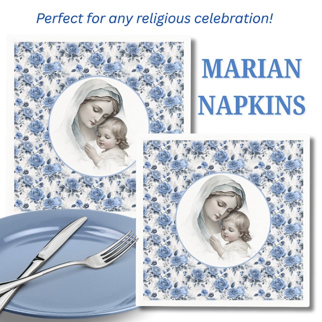 Serviette En Papier Rose bleu Floral Marie et Enfant Jésus (Créateur téléchargé)