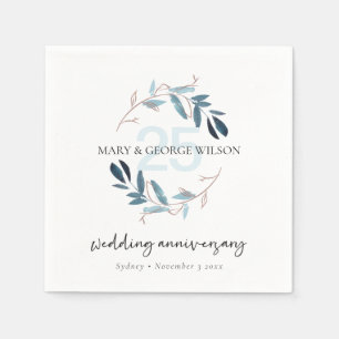 SERVIETTE EN PAPIER ROSE BLEU FOLIAGE WREATH TOUTE ANNÉE 25 ANNIVERSAI