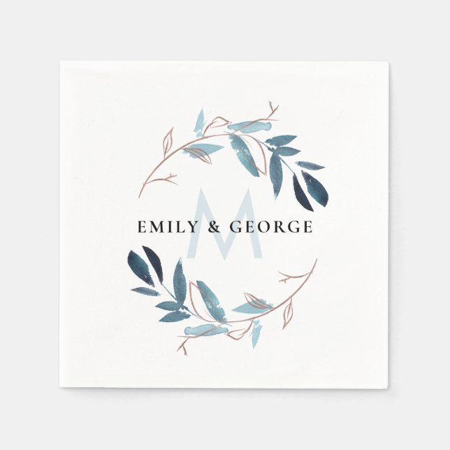SERVIETTE EN PAPIER ROSE BLEU ROSE OR FAUNA WREATT MONOGRAM MARIAGE (Devant)