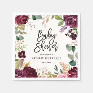 Serviette En Papier Rose, bordeaux + fig aquarelle floral et script