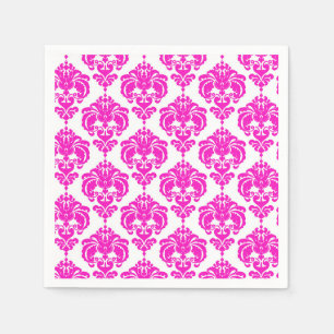Serviette En Papier Rose Chaude & Blanc Damassé Chic Élégant Fête
