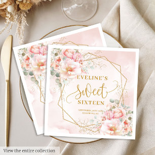 Serviette En Papier Rose clair avec Sweet sixteen de fleurs d'or