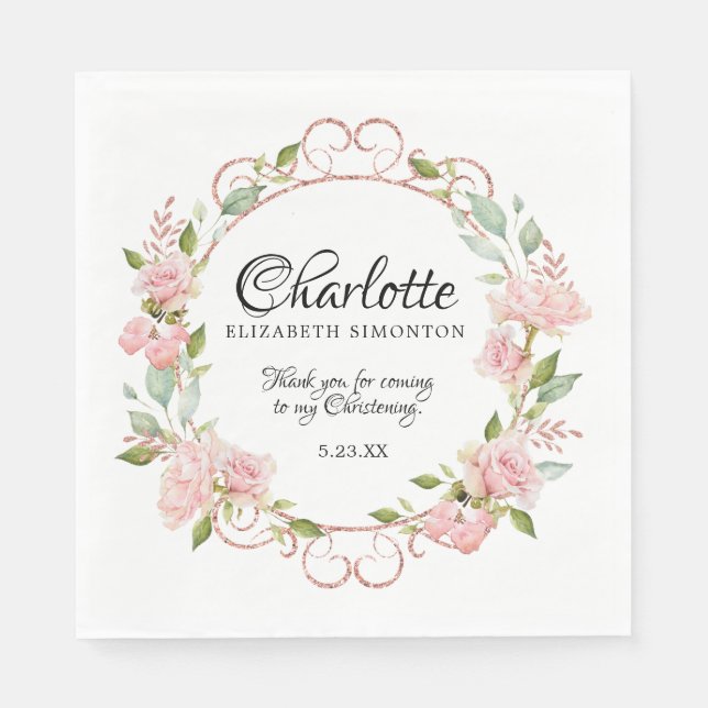 Serviette En Papier Rose d'aquarelle rose Christening personnalisé (Devant)