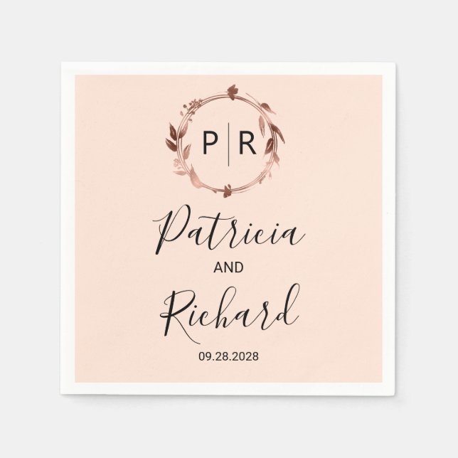 Serviette En Papier Rose de pêche feuille d'or rose Monogramme Mariage (Devant)
