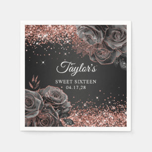 Serviette En Papier Rose doré noir brillant Sweet sixteen