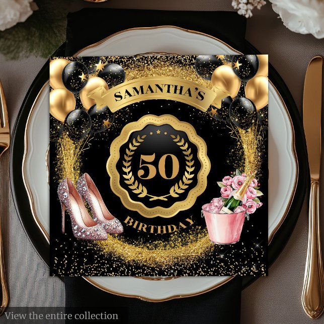 Serviette En Papier Rose éblouissant talons d'or serviettes avec ballo (Dazzling Rose Gold Heels Napkins with Balloons

)